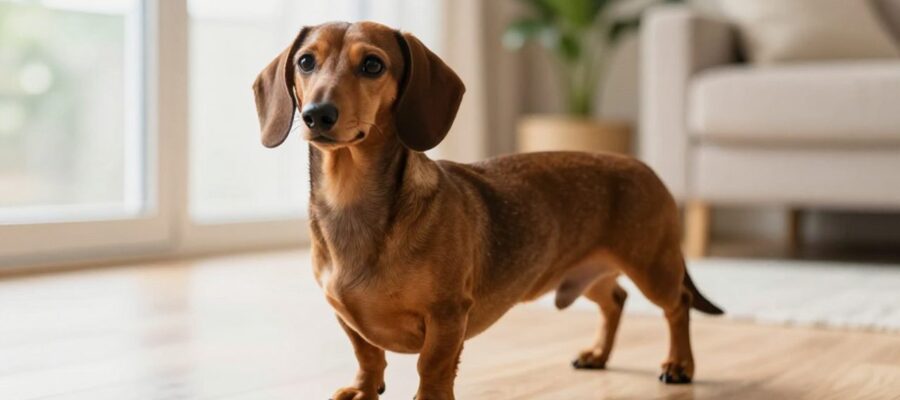 Perro salchicha de pelo corto con expresión curiosa de pie en el salón de una casa luminosa.