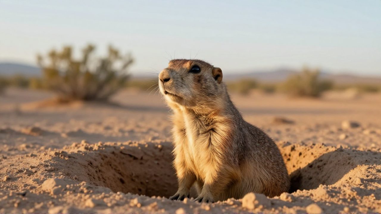 Un perrito de la pradera observa alerta desde la entrada de su madriguera en un paisaje árido del desierto de Chihuahua.