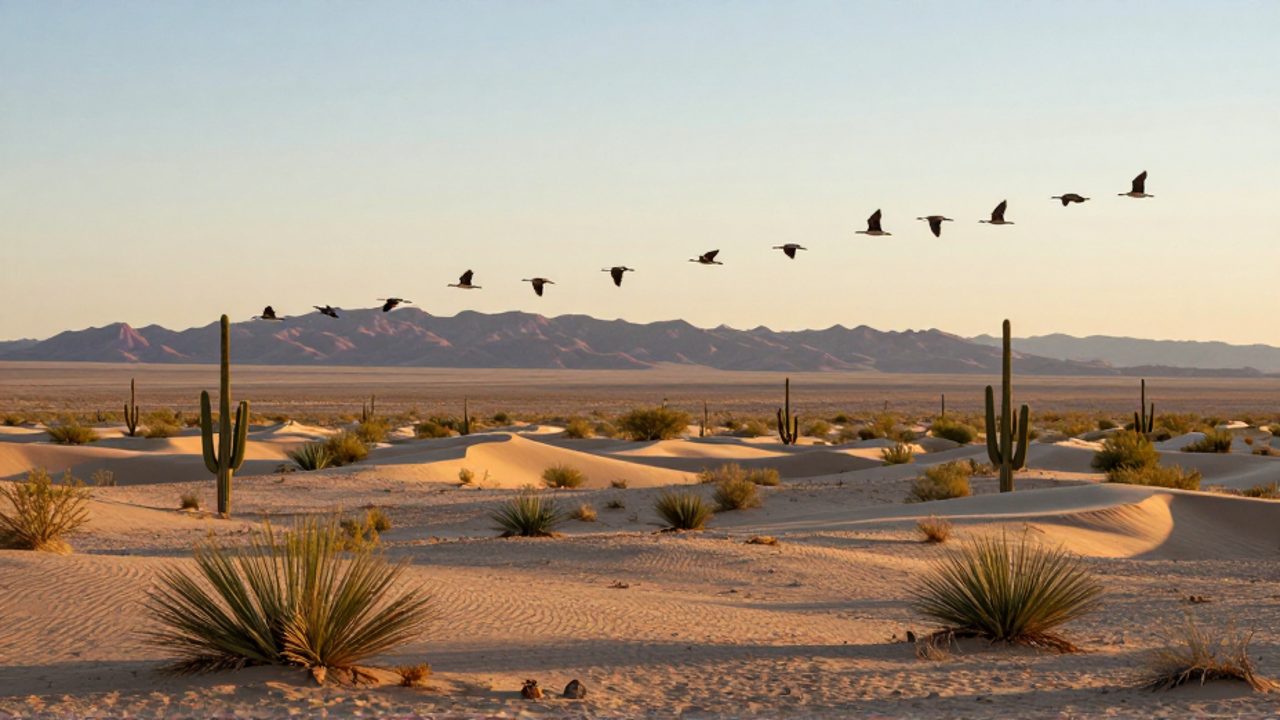 Grupo de aves migratorias volando en formación sobre dunas de arena y vegetación desértica bajo un cielo despejado.