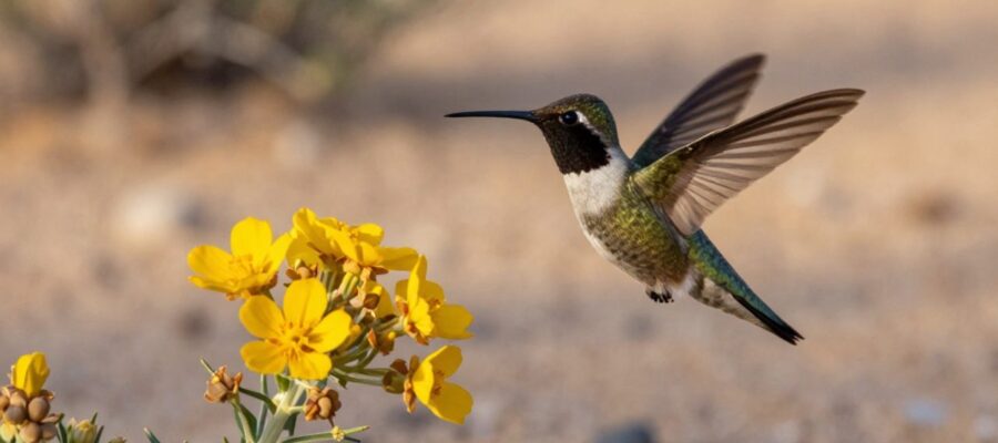 Colibrí de garganta negra revoloteando junto a una flor silvestre en el paisaje árido del desierto de Chihuahua.