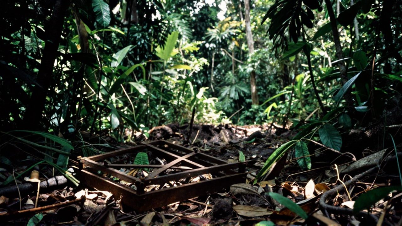 Restos de basura y una trampa metálica sobre el suelo de una selva yucateca interrumpida por un claro causado por la deforestación.