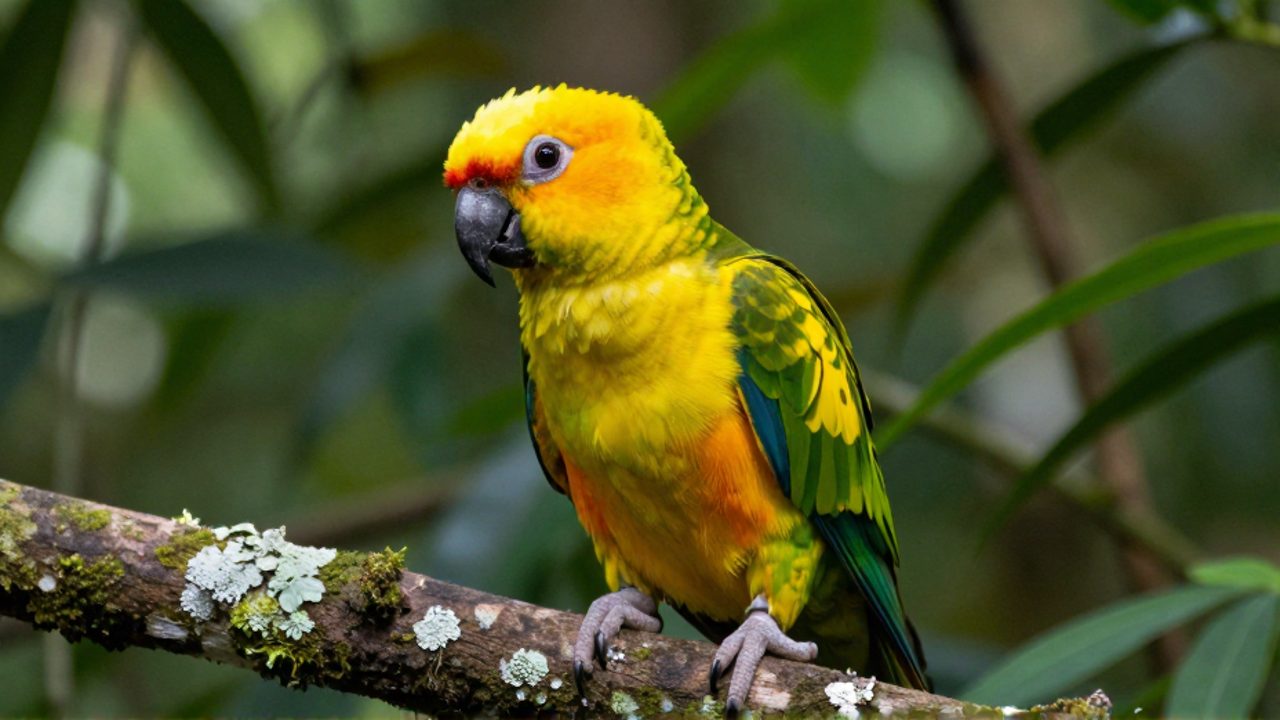 Loro de cabeza amarilla posado en una rama cubierta de musgo frente a la densa selva maya.