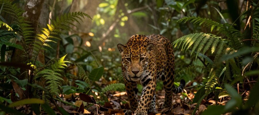 Un jaguar camina cautelosamente entre la densa vegetación de la selva maya en Yucatán.