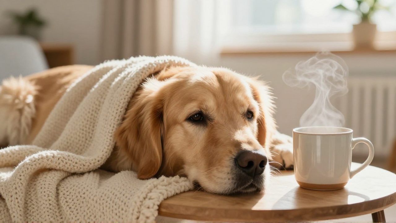 Un perro Golden Retriever descansa tranquilamente sobre una manta suave junto a una taza de bebida caliente en un ambiente acogedor.