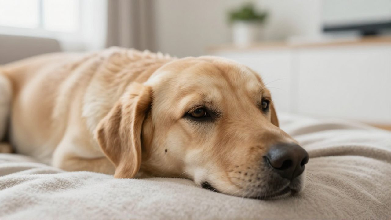 Perro de tamaño mediano descansando con aspecto cansado sobre una manta en una sala iluminada.