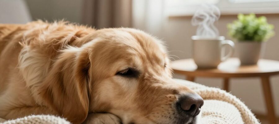 Un perro Golden Retriever descansa relajado sobre una manta suave en una sala iluminada por el sol.