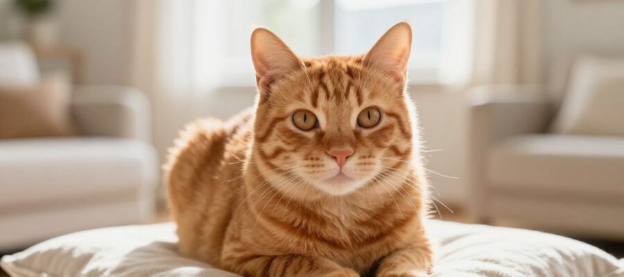 Una gata de pelaje naranja atigrado sentada sobre un cojín en una sala iluminada por el sol.