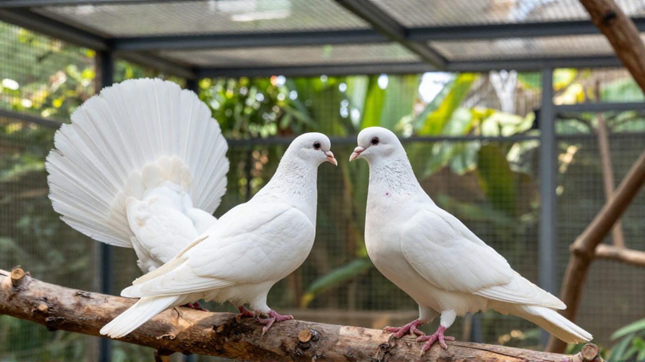 Dos palomas colipavas con sus características colas en forma de abanico posadas sobre una rama en un aviario luminoso.
