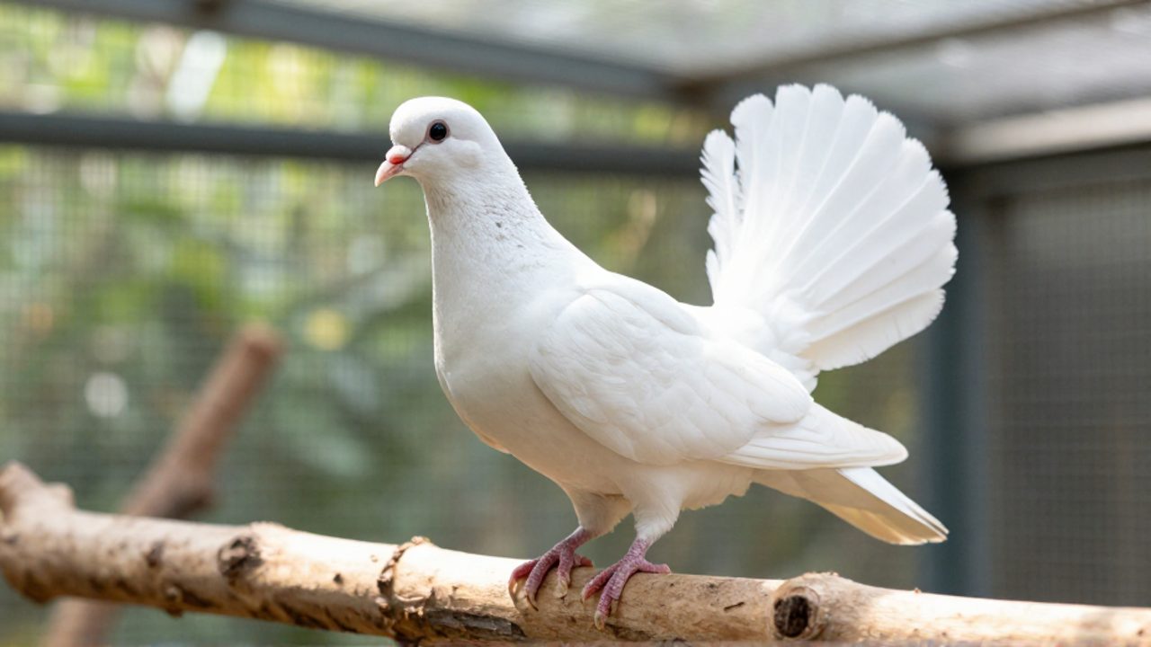 Paloma colipava de plumaje blanco con su característica cola en forma de abanico posada sobre una rama en un aviario luminoso.