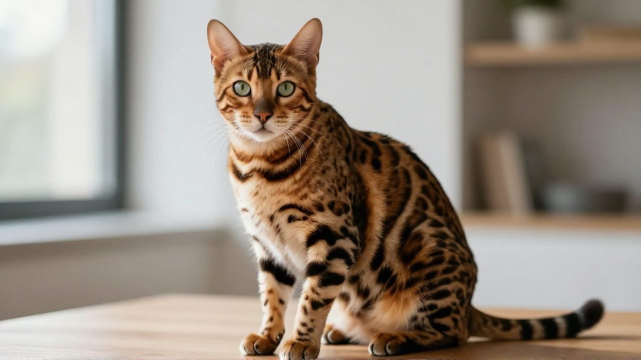 Gato bengalí sentado con pelaje de manchas oscuras similares a las de un leopardo y ojos verdes intensos.