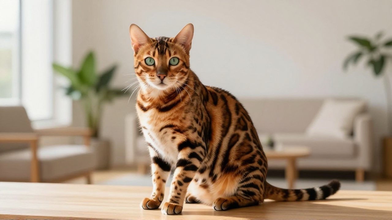 Gato bengalí de pelaje moteado con manchas oscuras sentado en una superficie de madera en un salón luminoso.