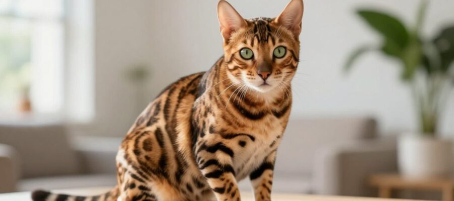 Primer plano de un gato bengalí con manchas de leopardo y ojos verdes sentado sobre una superficie de madera en una sala iluminada.