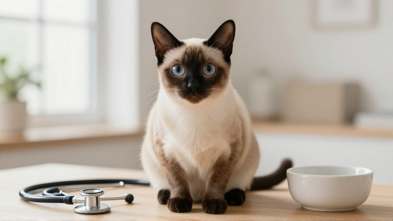 Gato de raza Singapura sentado junto a un estetoscopio en un entorno doméstico luminoso, sugiriendo cuidados veterinarios.