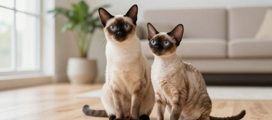Un gato Singapura y un gato Munchkin sentados juntos en un salón luminoso.