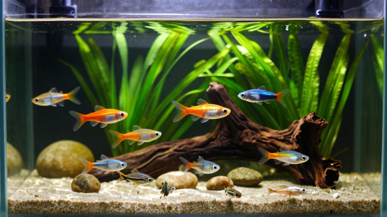 Varios guppys de colores nadan junto a molly en un acuario comunitario con plantas naturales y fondo de arena.