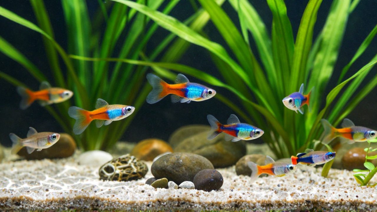 Guppys coloridos y platíes nadan en la parte media de un acuario comunitario con plantas verdes y corydoras buscando alimento en el fondo de arena.