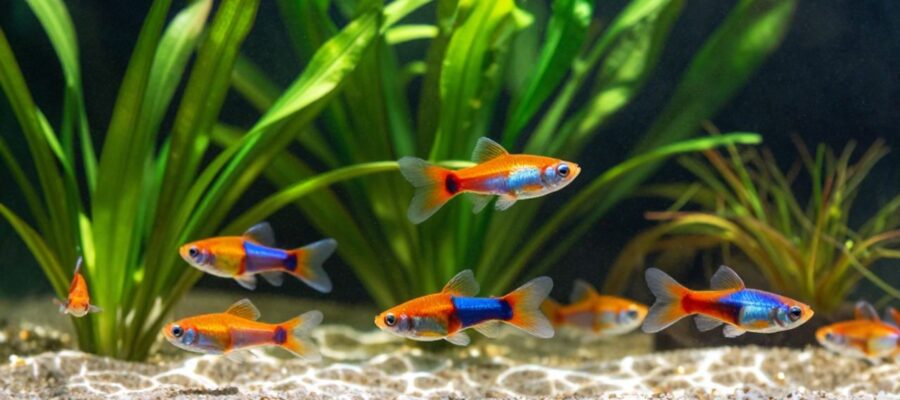 Guppies de colores naranja y azul nadan entre plantas acuáticas junto a pequeños peces Corydoras que buscan alimento en el fondo de arena.