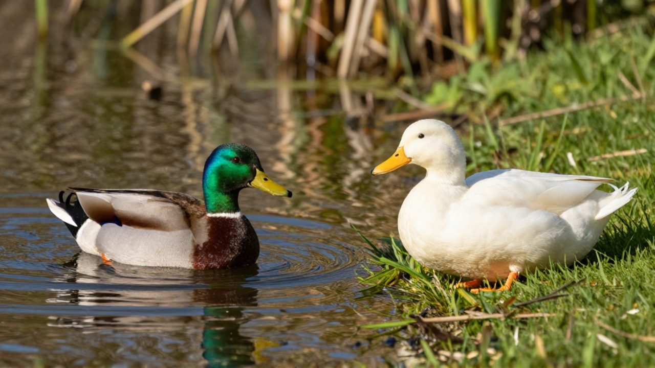 Comparativa entre un ánade real de cabeza verde nadando en un lago y un pato doméstico blanco descansando sobre la hierba.