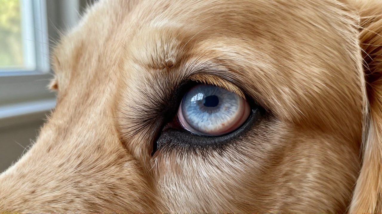 Primer plano del ojo de un perro Golden Retriever que presenta una opacidad blanquecina y turbia compatible con una catarata.