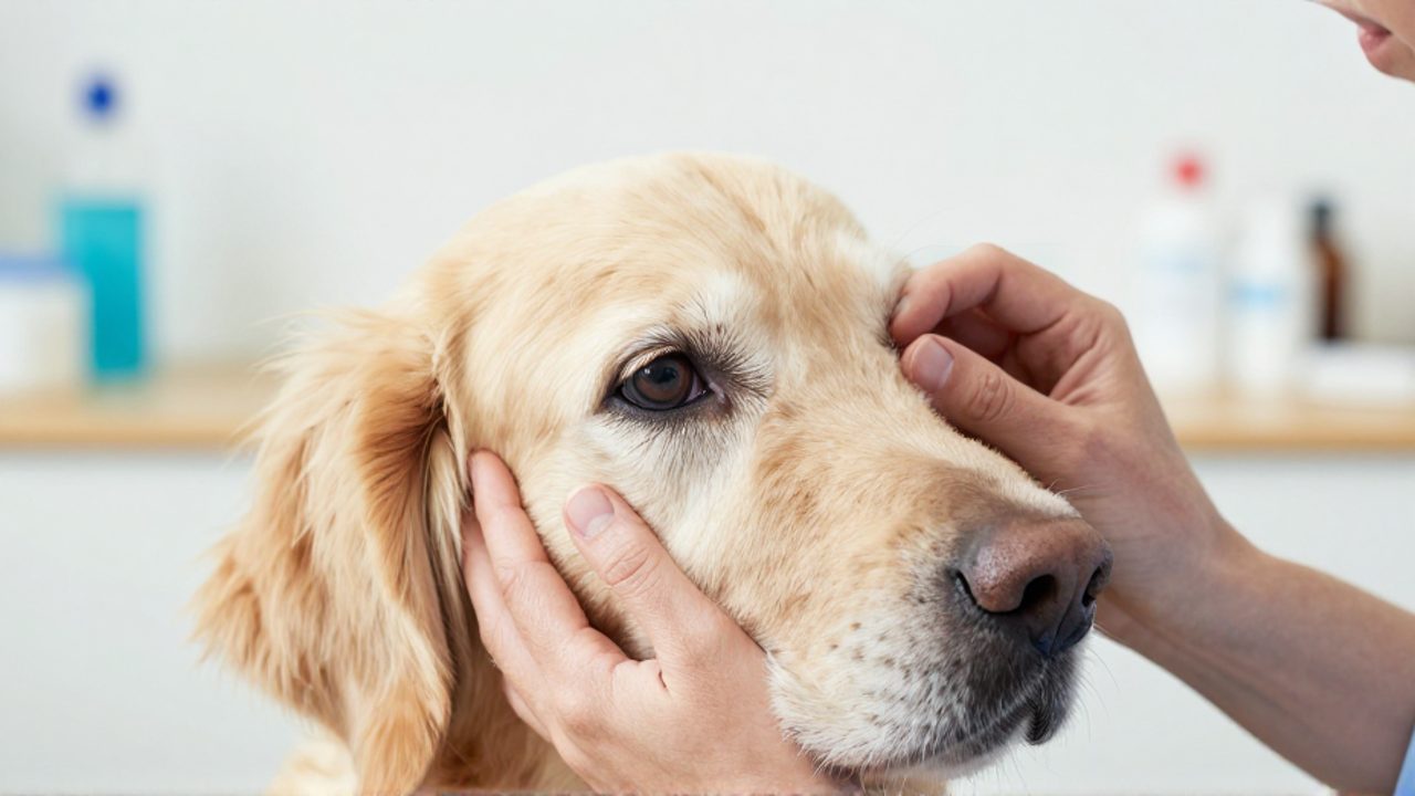 Manos de un dueño sujetan con cuidado la cara de un perro Golden Retriever anciano para examinar sus ojos con opacidad blanquecina en una clínica veterinaria.