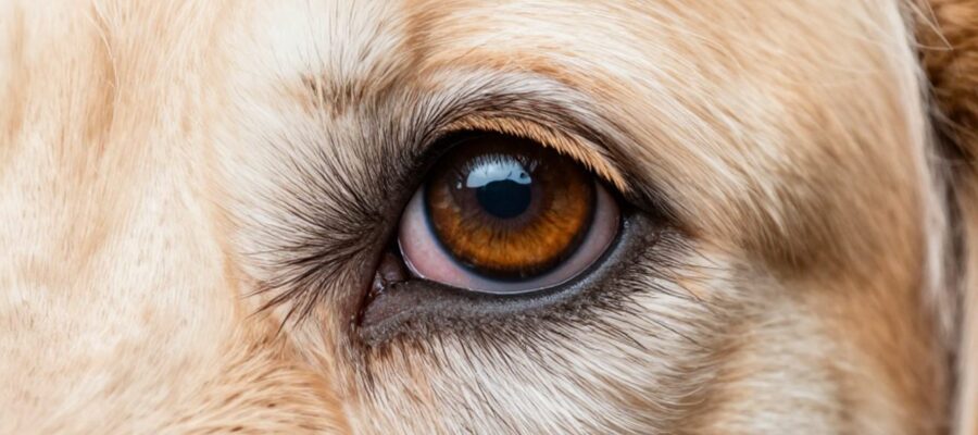 Primer plano del ojo de un perro Golden Retriever que presenta una opacidad blanquecina en la córnea.