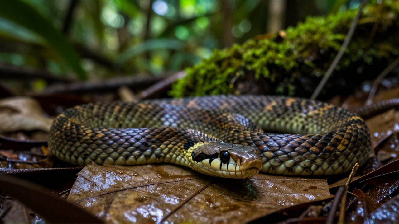 Serpiente venenosa con escamas detalladas enroscada sobre hojas húmedas en una selva tropical.