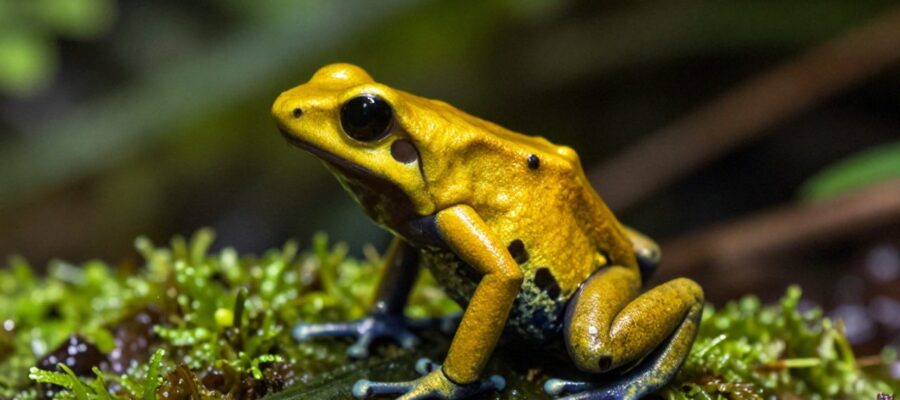Rana dardo dorada de piel brillante sobre una hoja de musgo en una selva tropical.