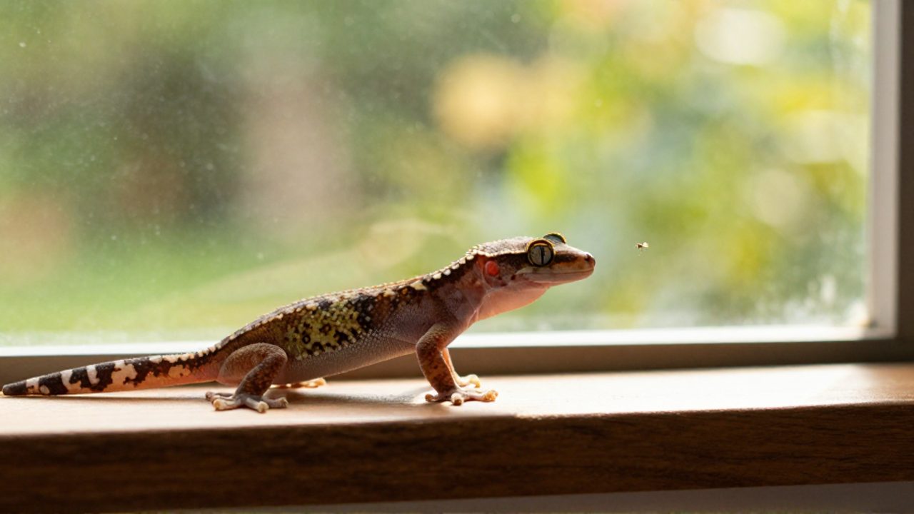 Una pequeña lagartija común sobre el alféizar de una ventana acechando un insecto volador con un jardín de fondo.
