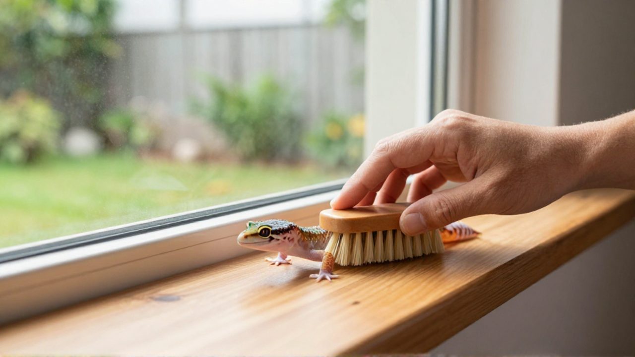 Una mano utiliza un pequeño cepillo para guiar suavemente una lagartija desde el alféizar de una ventana hacia un jardín exterior.