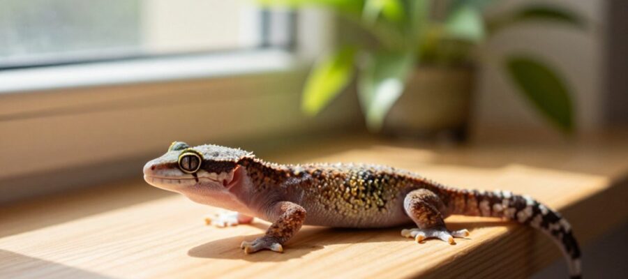 Una pequeña geco común se desplaza por el alféizar de madera de una ventana bajo la luz del sol en un entorno doméstico.