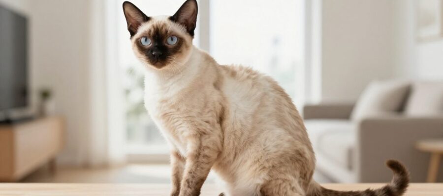 Gato de raza Manx sentado de perfil para mostrar su cola corta y cuerpo robusto en una sala iluminada.