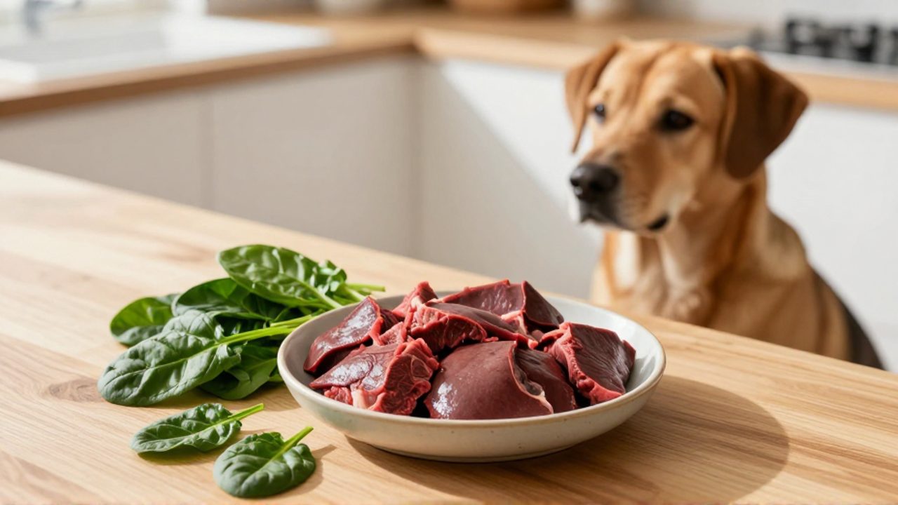 Cuenco de cerámica con trozos de carne roja, hígado y hojas de espinaca sobre una encimera de madera, con un perro al fondo esperando la comida.