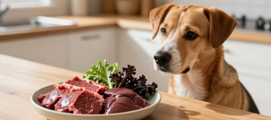 Un perro observa con curiosidad un cuenco junto a trozos de carne roja, hígado y hojas verdes sobre una encimera de madera.