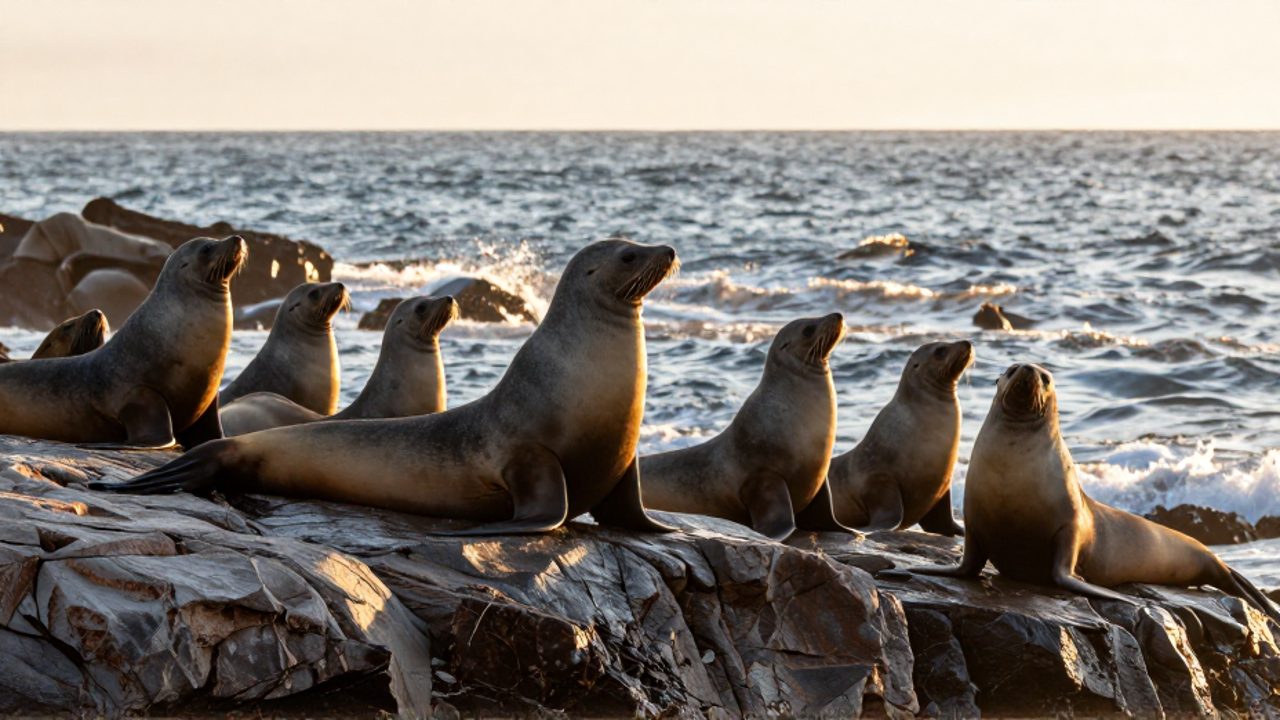 Grupo de leones marinos descansando sobre una costa rocosa junto a las olas del océano durante el atardecer.