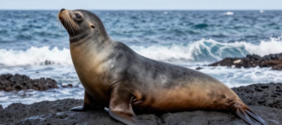 Un león marino macho descansa sobre una roca volcánica frente al oleaje del océano.