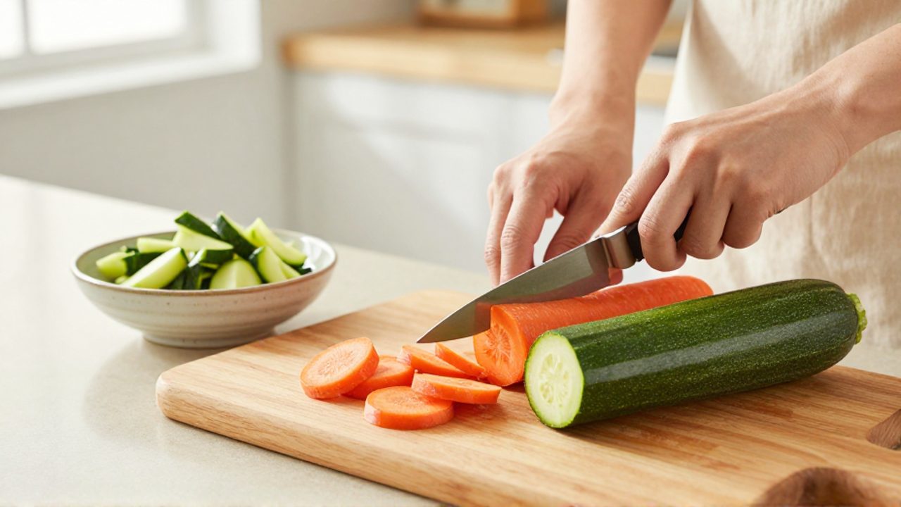 Manos cortando zanahoria y calabacín en trozos pequeños sobre una tabla de madera junto a un cuenco con verduras cocidas.