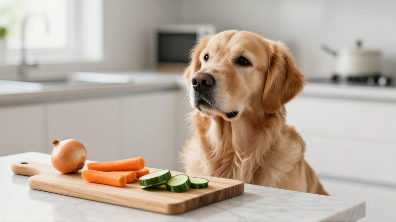 Un perro Golden Retriever observa con curiosidad trozos de zanahoria y pepino sobre una tabla de madera en una cocina.