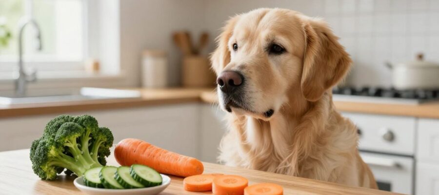 Un perro Golden Retriever observa con curiosidad varios cuencos con trozos de zanahoria, brócoli y pepino sobre una encimera de cocina.