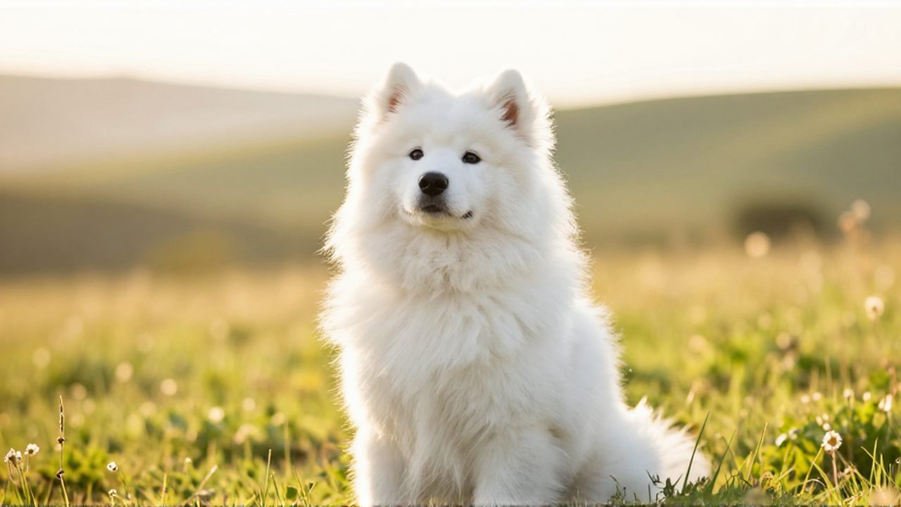 Cachorro de Samoyedo de pelaje blanco y esponjoso sentado en un prado iluminado por el sol.