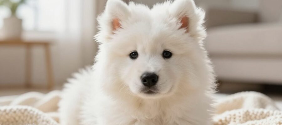 Cachorro de Samoyedo blanco sentado sobre una manta de lana en una sala iluminada por la luz natural.