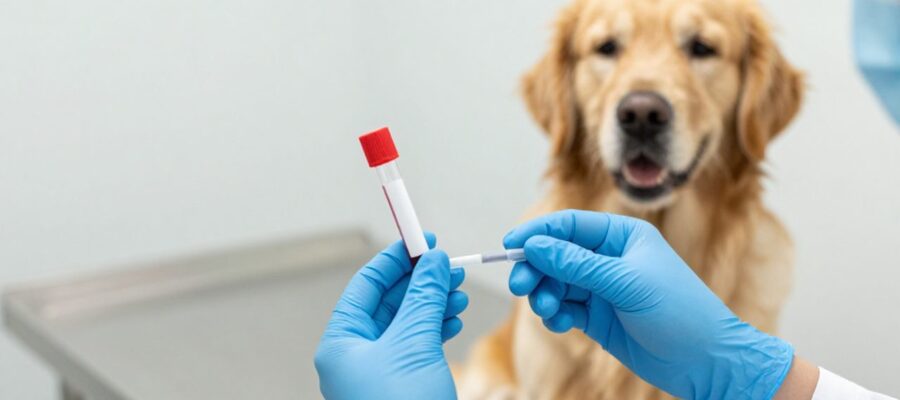 Manos con guantes azules sostienen un tubo de ensayo con una muestra de sangre frente a un perro Golden Retriever en una clínica veterinaria.