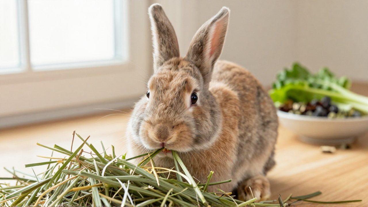 Un conejo Holland Lop masticando heno de Timothy fresco sobre un suelo de madera.