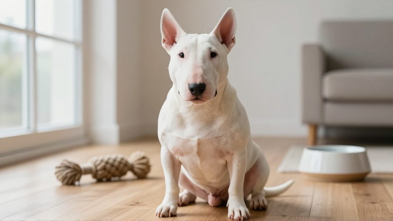 Bull Terrier blanco de constitución musculosa sentado en un salón luminoso con un juguete y un cuenco de agua al fondo.