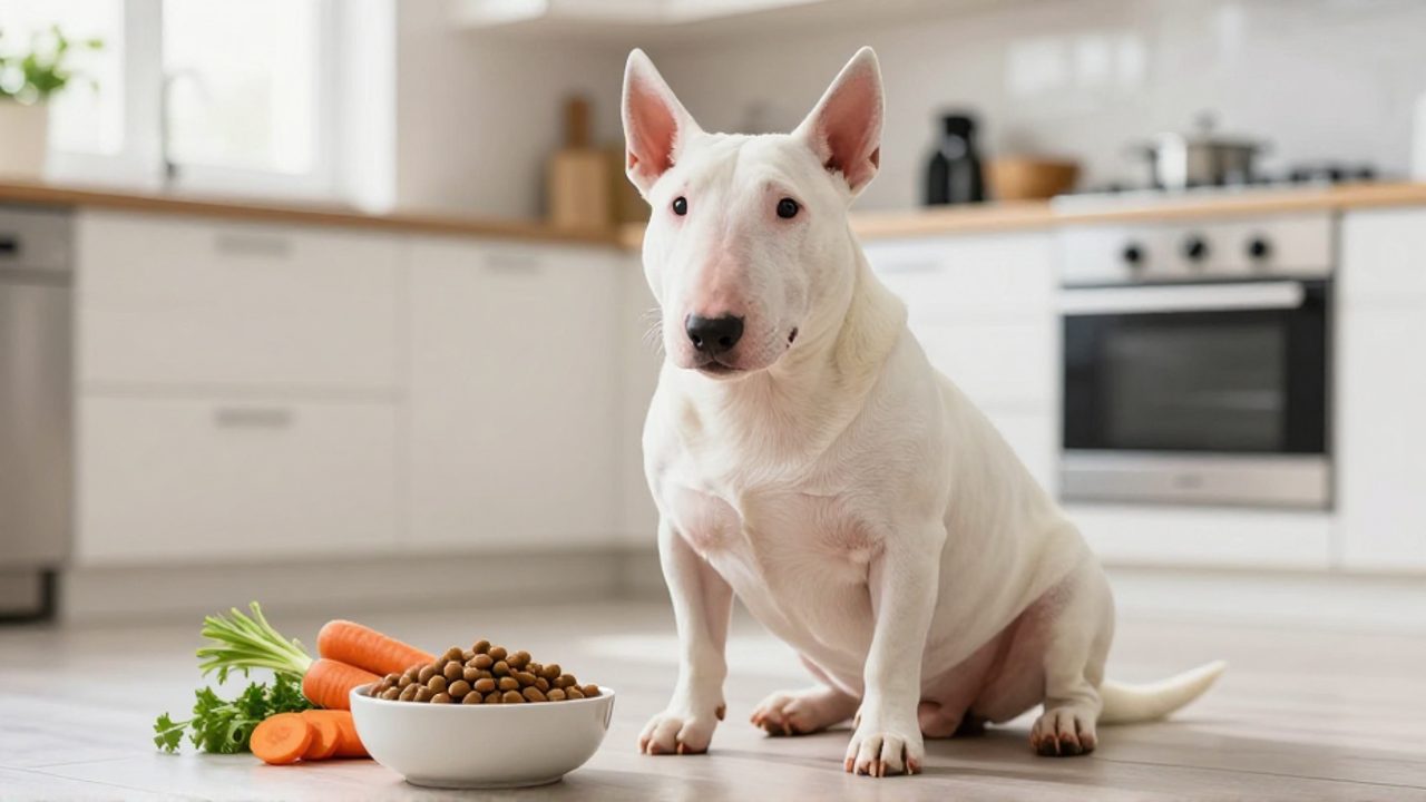 Bull Terrier blanco y musculoso sentado junto a un cuenco de pienso y rodajas de zanahoria fresca en una cocina luminosa.