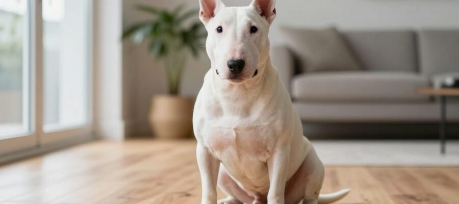 Un Bull Terrier blanco de complexión atlética sentado con atención sobre un suelo de madera en un salón luminoso.