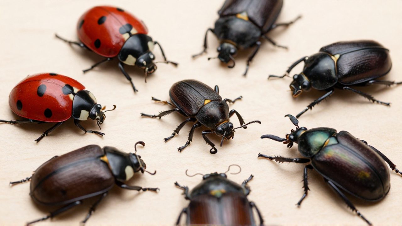 Colección de diversos escarabajos, incluyendo una mariquita, un escarabajo de antenas largas y un escarabajo pelotero, dispuestos sobre una superficie de madera para mostrar sus diferencias morfológicas.