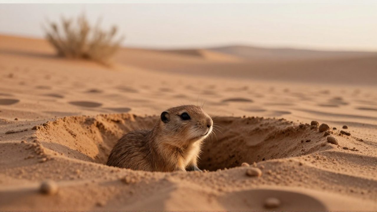 Un pequeño roedor sale con cautela de su madriguera bajo la arena en un desierto al atardecer.