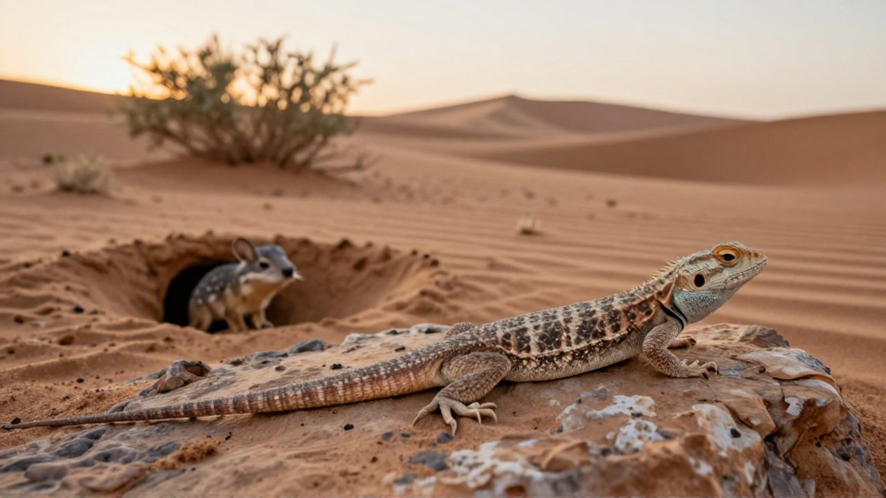 Un lagarto de piel texturizada descansa sobre una roca frente a la entrada de una madriguera donde asoma un pequeño mamífero, rodeados de vegetación desértica y dunas.