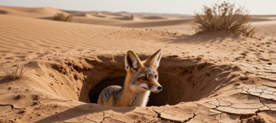 Un zorro del desierto observa el horizonte desde la sombra de su madriguera en un paisaje árido y caluroso.
