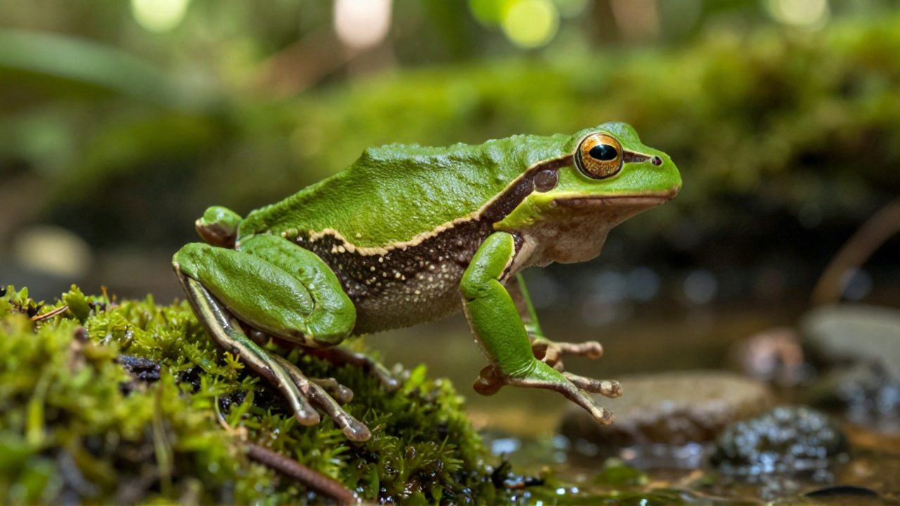 Rana verde en pleno salto sobre una orilla de río con musgo, mostrando la tensión de sus patas traseras durante el movimiento.